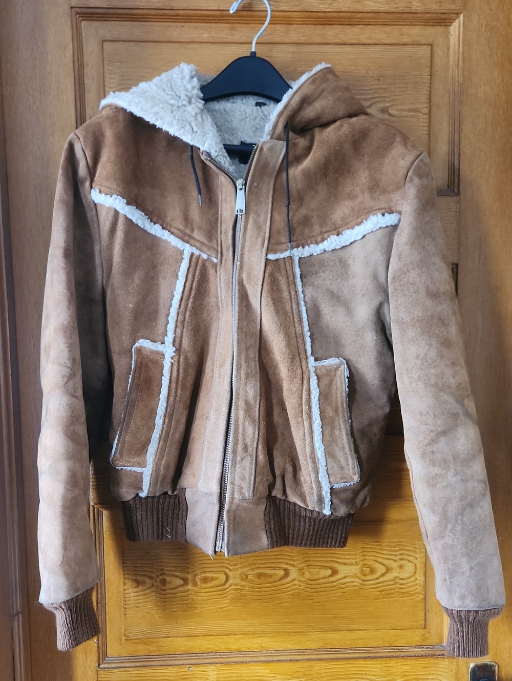Vintage Genuine Lamb Suede Hooded Bomber Jacket with Sherpa Trim